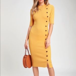 Dolan Golden Yellow Ribbed Button Front Bodycon Midi Dress size M